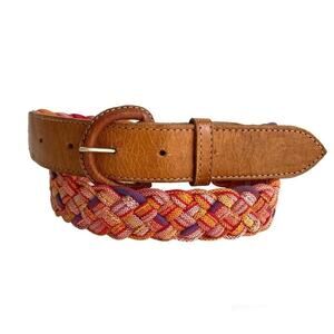 Vintage Woven Textile Belt Brown Leather Colorful Multicolor Casual Distressed